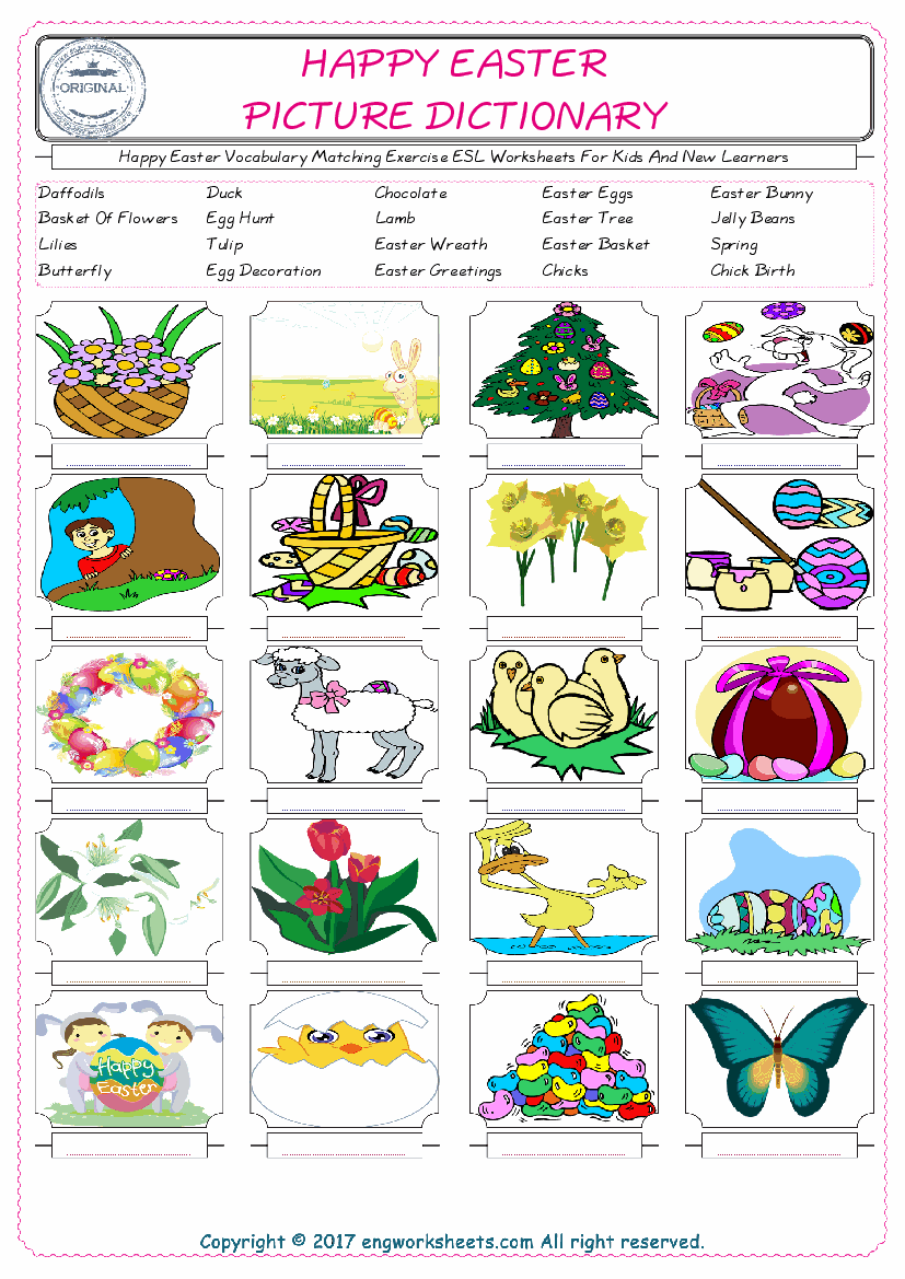  Happy Easter for Kids ESL Word Matching English Exercise Worksheet. 
